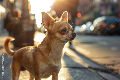 Charming chihuahua in urban sunset scene - ideal for pet lovers and city life themes AI