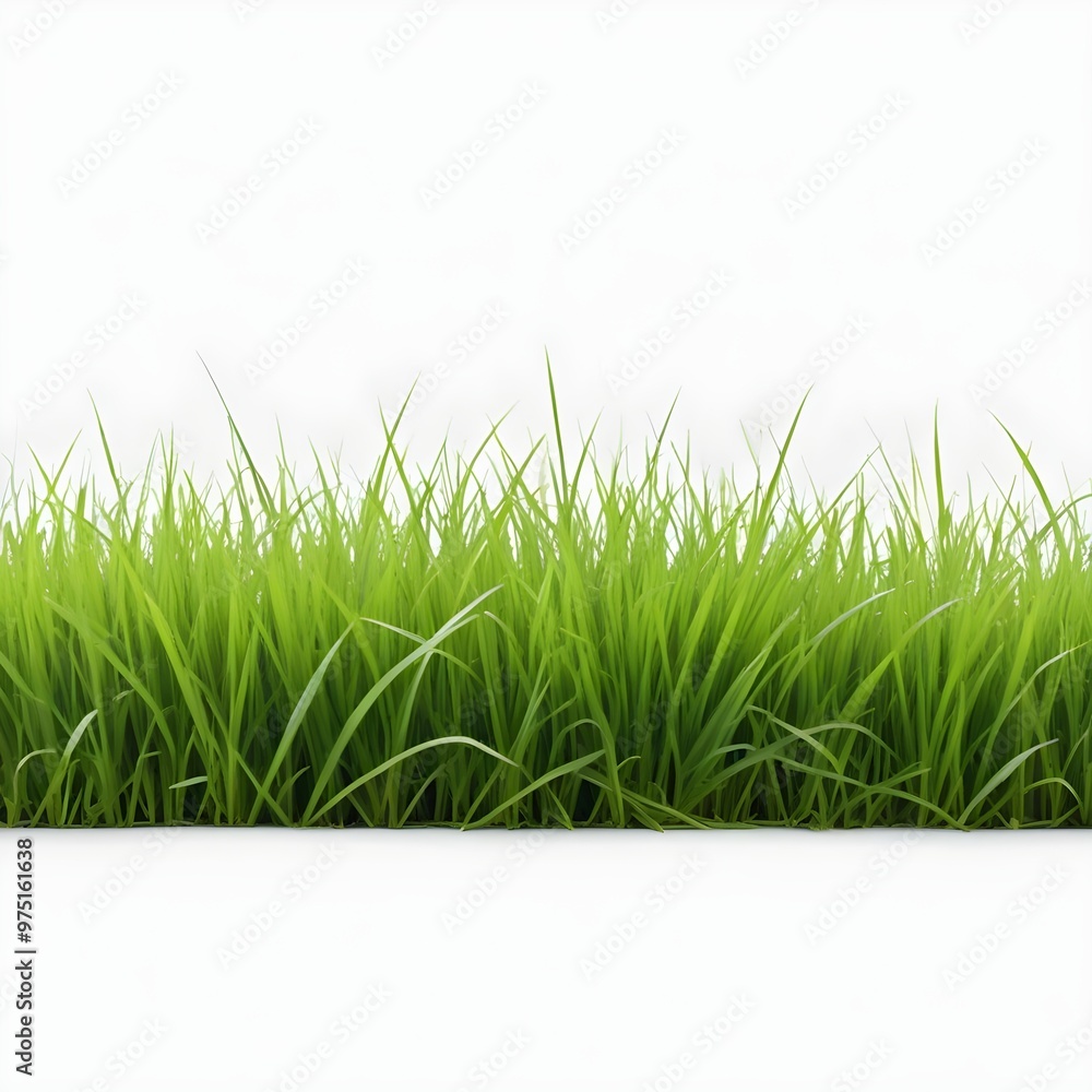 A lush green grass field with blades of grass in the foreground A lush green grass field with blades of grass in the foreground
