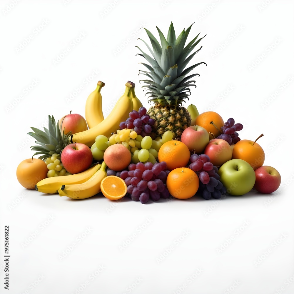 A variety of fresh fruits including pineapple, bananas, oranges, apples, grapes, and other colorful produce arranged A variety of fresh fruits including pineapple, bananas, oranges, apples, grapes, and other colorful produce arranged