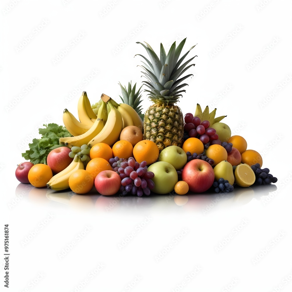 A variety of fresh fruits including pineapple, bananas, oranges, apples, grapes, and other colorful produce arranged A variety of fresh fruits including pineapple, bananas, oranges, apples, grapes, and other colorful produce arranged