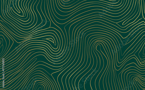 Emerald Green Background with Golden Lines – Minimalist Abstract Line Art Contour