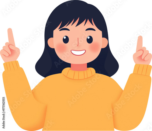 A joyful person wearing a yellow sweater points upward with enthusiasm in a cheerful and vibrant interaction isolated on transparent background.