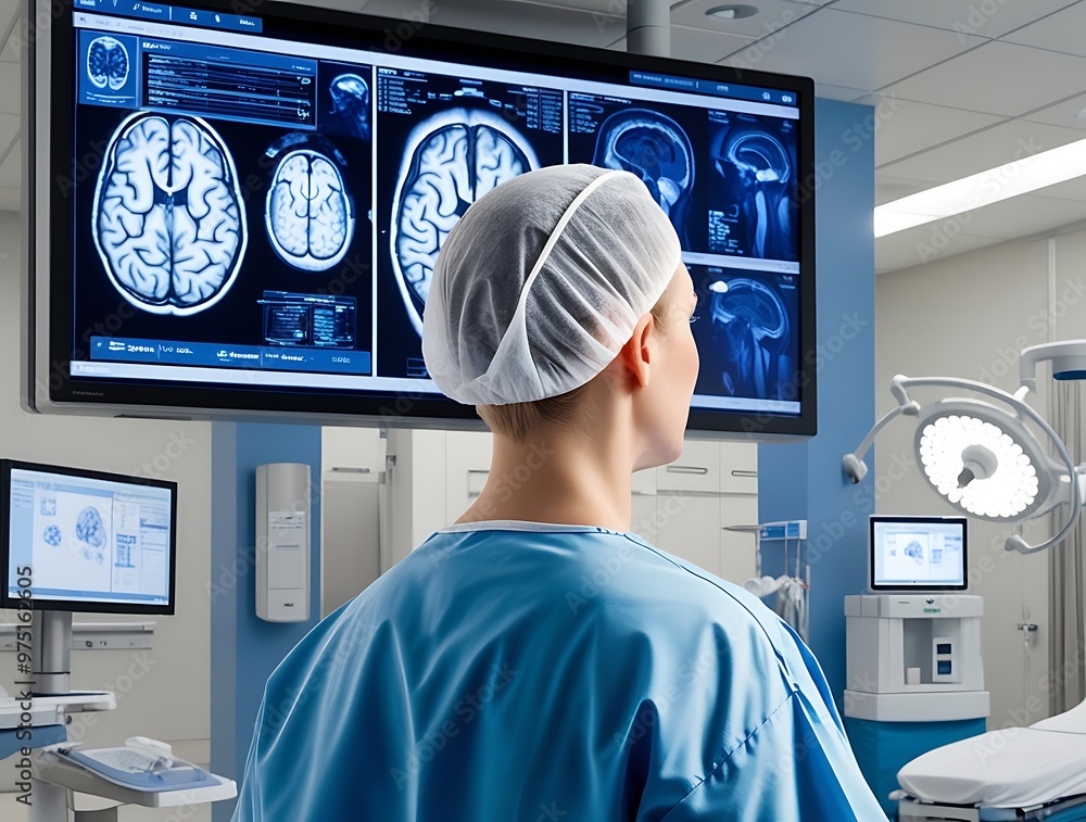 Medical professional analyzing brain scan on a large digital screen ...