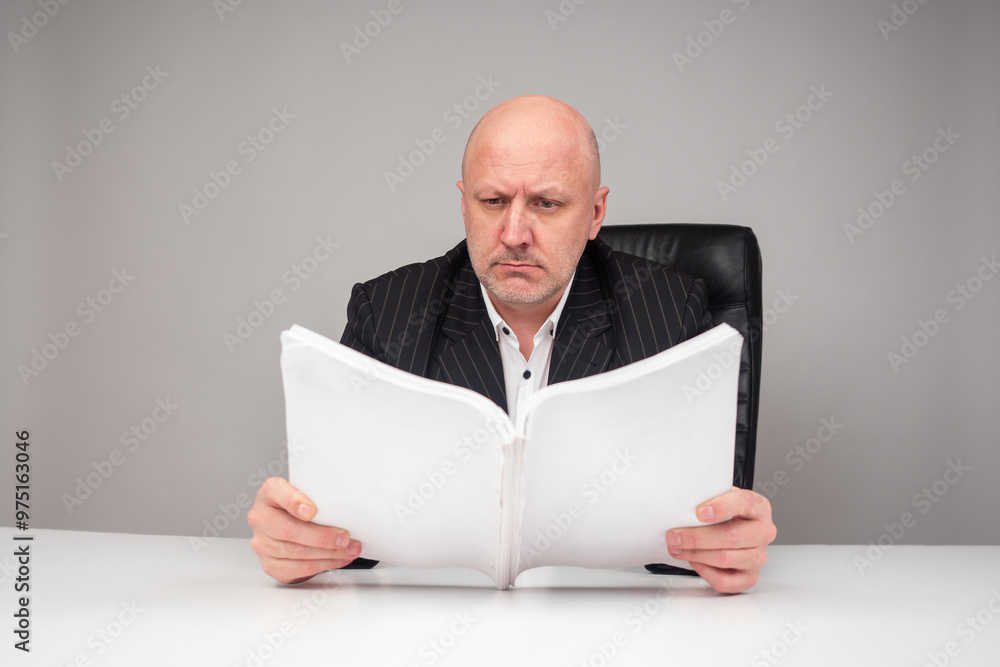Business man at work. Boss of corporation is studying paper report. Stressed businessman sitting at his desk. Inspector checks company documents. Business man analyzing financial documents Business man at work. Boss of corporation is studying paper report. Stressed businessman sitting at his desk. Inspector checks company documents. Business man analyzing financial documents
