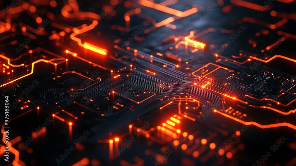 Illuminated Circuit Board with Orange Glowing Lines Illuminated Circuit Board with Orange Glowing Lines