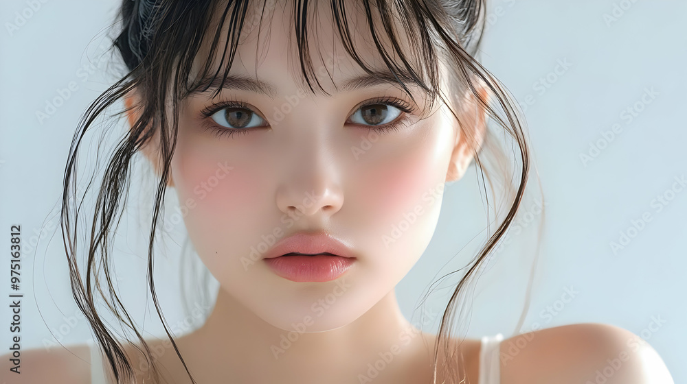 Close-Up Portrait of Woman with Rosy Cheeks and Wispy Hair Close-Up Portrait of Woman with Rosy Cheeks and Wispy Hair