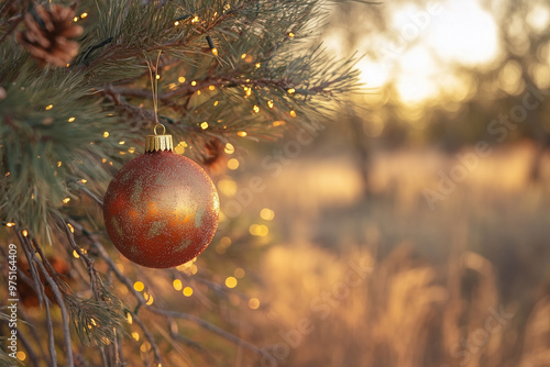 Outback Australian Christmas scene features festive decorations under soft daylight, blending holiday cheer with the rugged, sunlit landscape