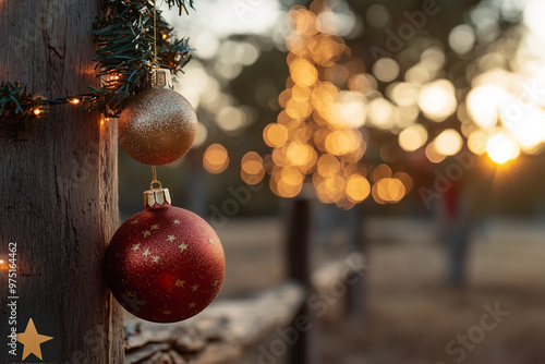 Outback Australian Christmas scene features festive decorations under soft daylight, blending holiday cheer with the rugged, sunlit landscape