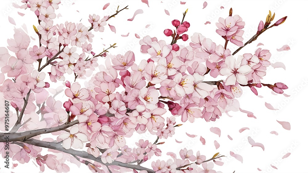 Fototapeta premium Watercolor spring blooming cherry tree branches illustration, hand painted isolated on a white background