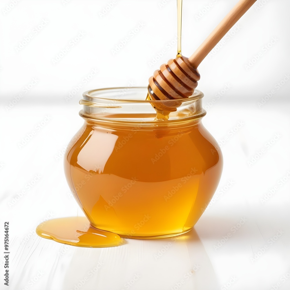 A glass jar filled with golden honey, with a wooden honey dipper drizzling honey into the jar A glass jar filled with golden honey, with a wooden honey dipper drizzling honey into the jar