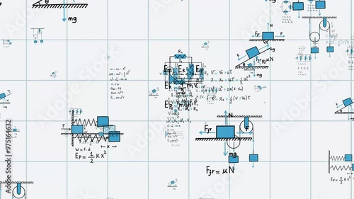 Equations of physics, uniform rectilinear motion, statics, electromagnetism, electrical circuits, friction force, energy, angular velocity, with grid sheet background. Seamless loop animation