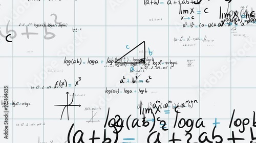 Math exercises, formulas and equations for calculus, algebra with grid sheet background. School and university notes, functions, potentiation, logarithms, notable products. Seamless loop animation