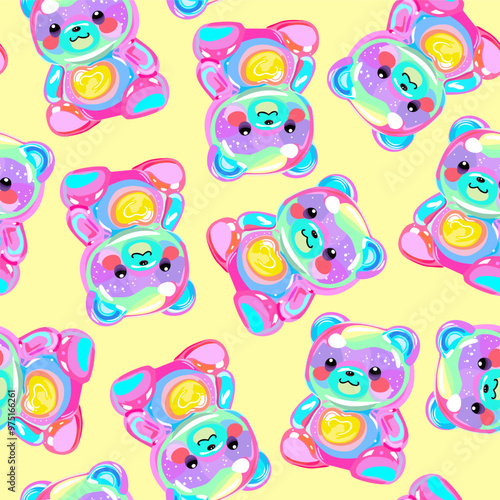 Vector seamless pattern with colorful gummy bears on light yellow background