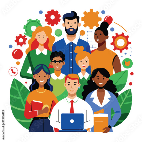 A group of human resources experts engages in discussion and teamwork among colorful backgrounds indicative of a dynamic office environment
