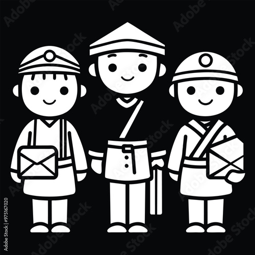 Three cheerful characters dressed as postmen stand together each holding mail and wearing unique uniforms that highlight their delivery roles