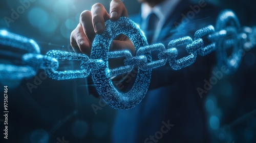 A businessman unlocking secure, transparent blockchain ledgers, with data chains linking across multiple industries