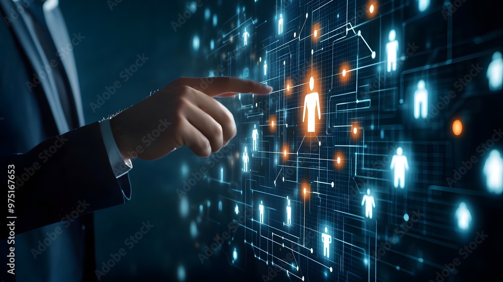 Businessman touching virtual screen with human figures and organization chart icons, Generative AI Businessman touching virtual screen with human figures and organization chart icons, Generative AI