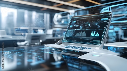 Wallpaper Mural A futuristic office with a large monitor on the wall and several computer monitors on desks. The room is filled with chairs and has a modern, high-tech feel Torontodigital.ca