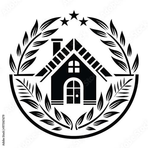 This logo presents a unique design of a house encircled by elegant leaves and stars conveying a sense of home comfort and creativity