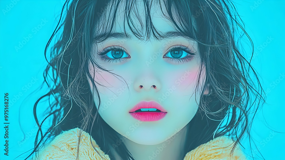 Woman with blue eyes and pink lipstick poses in front of a turquoise background. Woman with blue eyes and pink lipstick poses in front of a turquoise background.