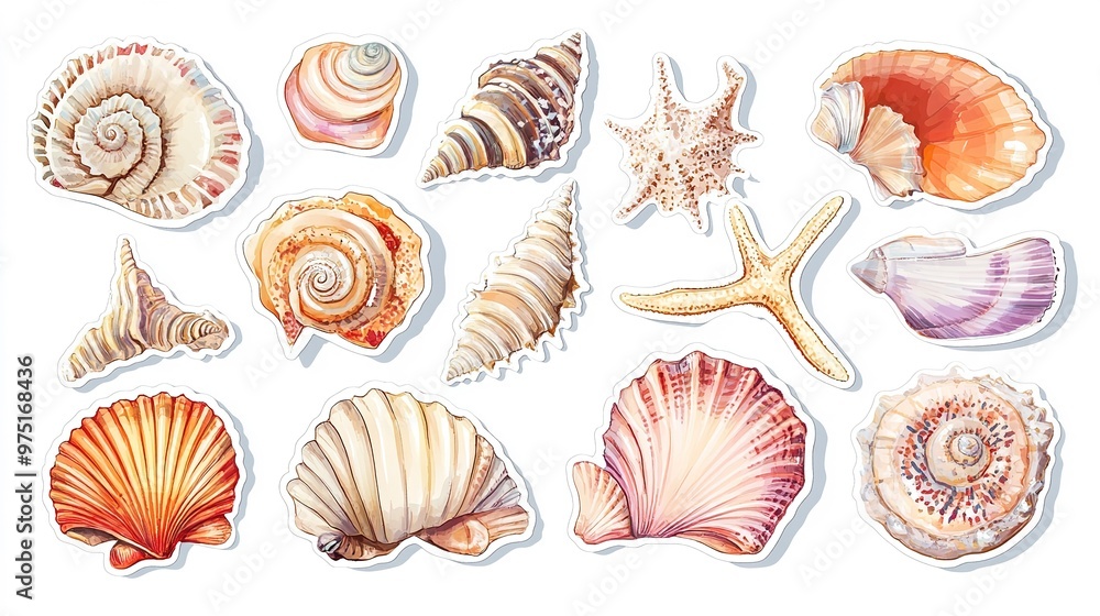 Sticker set: fan shells, detailed patterns, bold colors, white background. Sticker set: fan shells, detailed patterns, bold colors, white background.