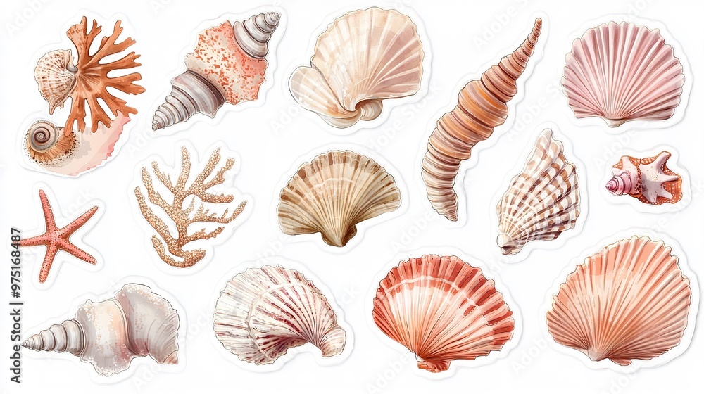 Seashell stickers: conch shells, intricate patterns, white background. Seashell stickers: conch shells, intricate patterns, white background.