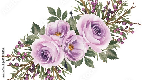 Card tempate with watercolor pink, purple roses and elderberry branches, hand painted on a white background, greeting card, decoration postcard, wedding invitation