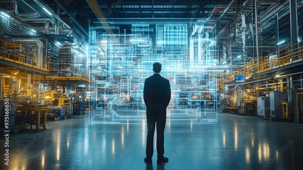 A businessman standing in front of a digital twin of an industrial facility, with virtual simulations running parallel to real-time operations A businessman standing in front of a digital twin of an industrial facility, with virtual simulations running parallel to real-time operations