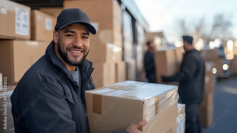 Man Carrying Boxes Outside a Warehouse, Background has Many Boxes Piled Up, Ad Space, AI Man Carrying Boxes Outside a Warehouse, Background has Many Boxes Piled Up, Ad Space, AI