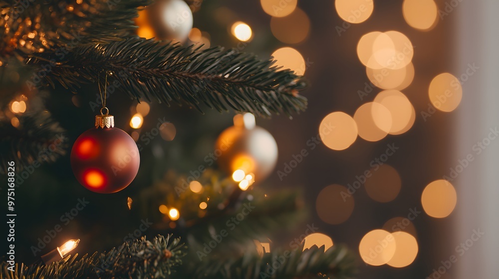 Christmas Tree With Baubles And Blurred Shiny Lights, Generative AI Christmas Tree With Baubles And Blurred Shiny Lights, Generative AI