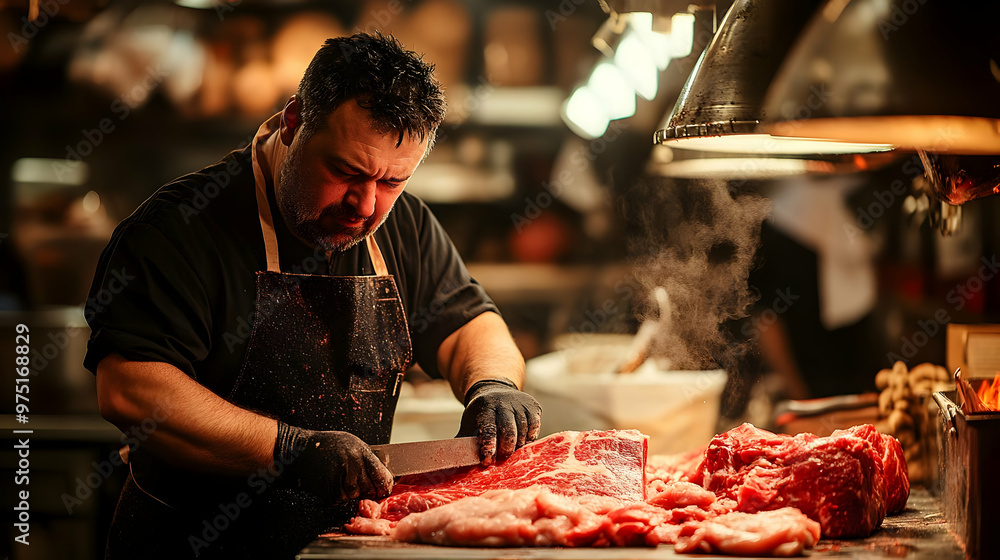 Butcher Slices Raw Beef in Kitchen Professionally Butcher Slices Raw Beef in Kitchen Professionally