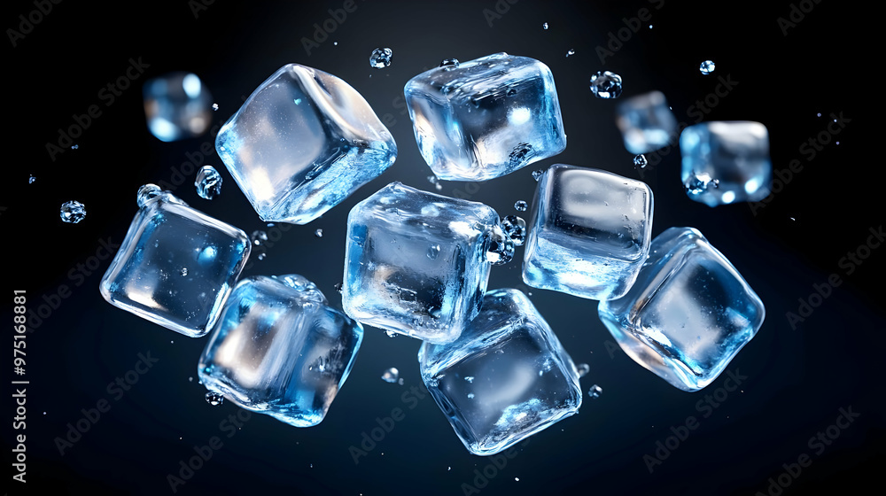 Floating Ice Cubes with Water Droplets on Black Background Floating Ice Cubes with Water Droplets on Black Background