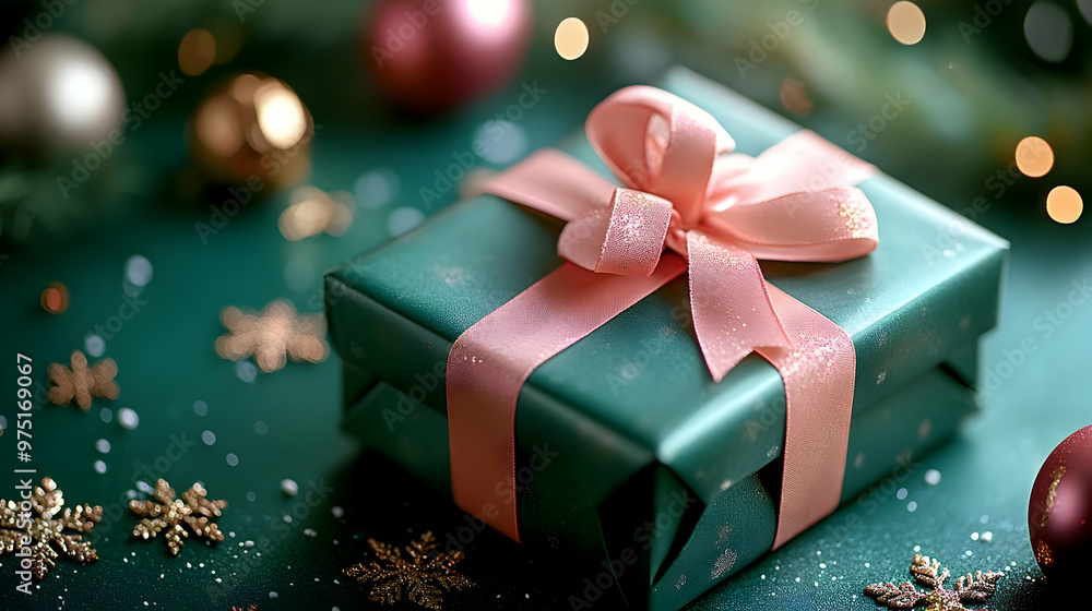 Elegantly Wrapped Gift Box with Pink Ribbon Rests on a Sparkling Green Background Elegantly Wrapped Gift Box with Pink Ribbon Rests on a Sparkling Green Background