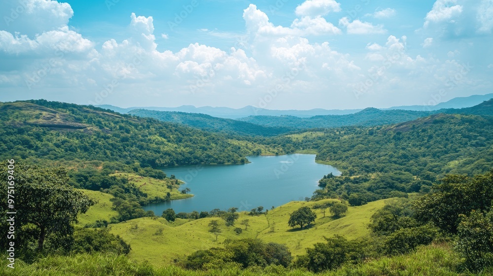 Beautiful scenic overlook with a panoramic view of rolling hills and a crystal-clear lake, surrounded by lush greenery, perfect for travel and exploration Beautiful scenic overlook with a panoramic view of rolling hills and a crystal-clear lake, surrounded by lush greenery, perfect for travel and exploration