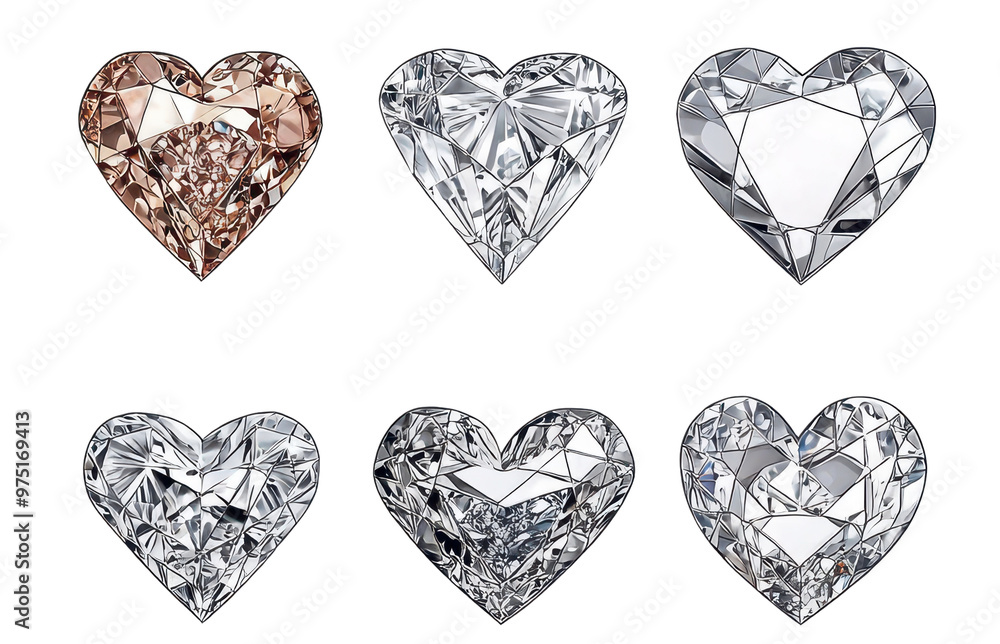 Six sparkling heart-shaped gemstones in various cuts, showcasing elegance and luxury for any romantic design. Six sparkling heart-shaped gemstones in various cuts, showcasing elegance and luxury for any romantic design.