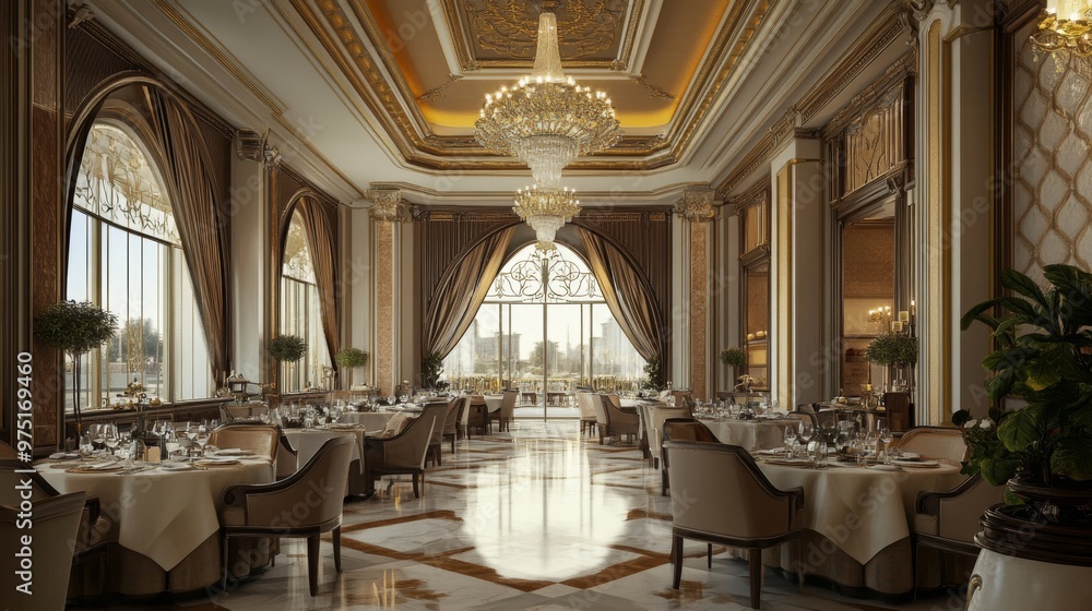 Luxurious restaurant interior with large windows, ornate chandeliers, and elegant dining tables. Luxurious restaurant interior with large windows, ornate chandeliers, and elegant dining tables.