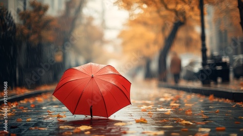 Fototapeta Naklejka Na Ścianę i Meble -  Charming autumn scene  a single red umbrella stands out on a city street with text space