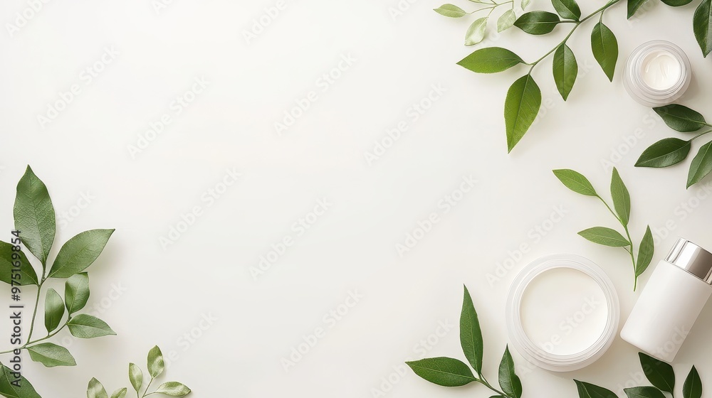 Green Leaves Skincare Products on White Background Green Leaves Skincare Products on White Background