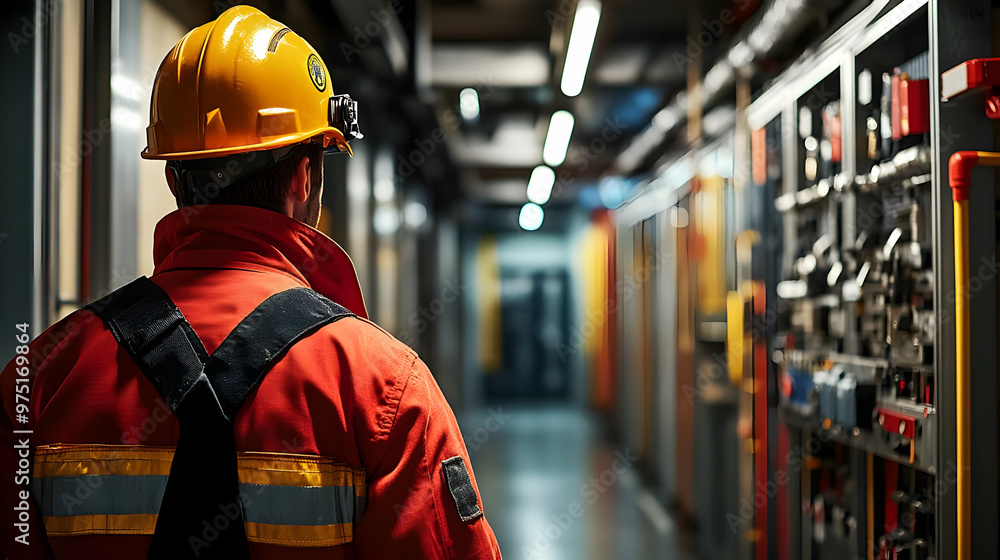 Engineer in Hard Hat and Safety Gear Inspects Industrial Control Panel, Ensuring Safe Operations Engineer in Hard Hat and Safety Gear Inspects Industrial Control Panel, Ensuring Safe Operations