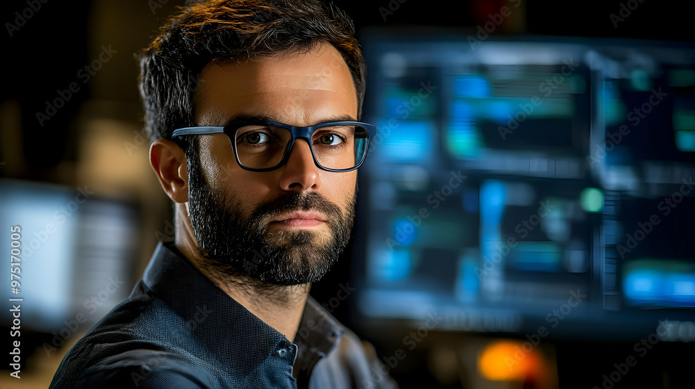 Focused Software Developer Working on Code at Night in Office Focused Software Developer Working on Code at Night in Office