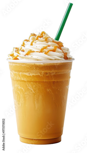 Delicious caramel frappuccino topped with whipped cream and caramel drizzle, served in a clear cup with a green straw.