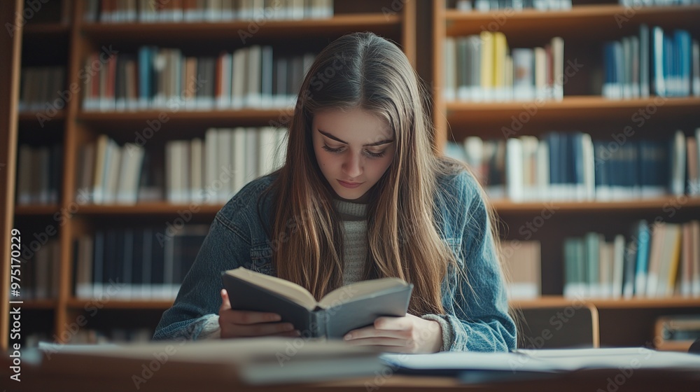 A high school kid is studying by taking notes from a book. A young woman is using the college library's desk to look up information. girl in the classroom studying intently and finishing her homework. A high school kid is studying by taking notes from a book. A young woman is using the college library's desk to look up information. girl in the classroom studying intently and finishing her homework.