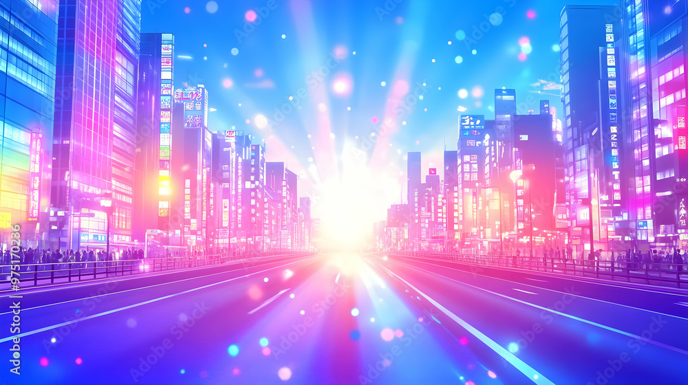 Anime City Street with Vibrant Colors and Bright Lights at Night Illustration Background Anime City Street with Vibrant Colors and Bright Lights at Night Illustration Background