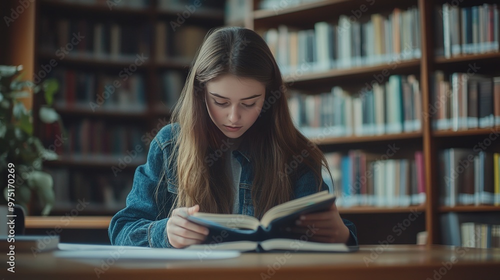 A high school kid is studying by taking notes from a book. A young woman is using the college library's desk to look up information. girl in the classroom studying intently and finishing her homework. A high school kid is studying by taking notes from a book. A young woman is using the college library's desk to look up information. girl in the classroom studying intently and finishing her homework.