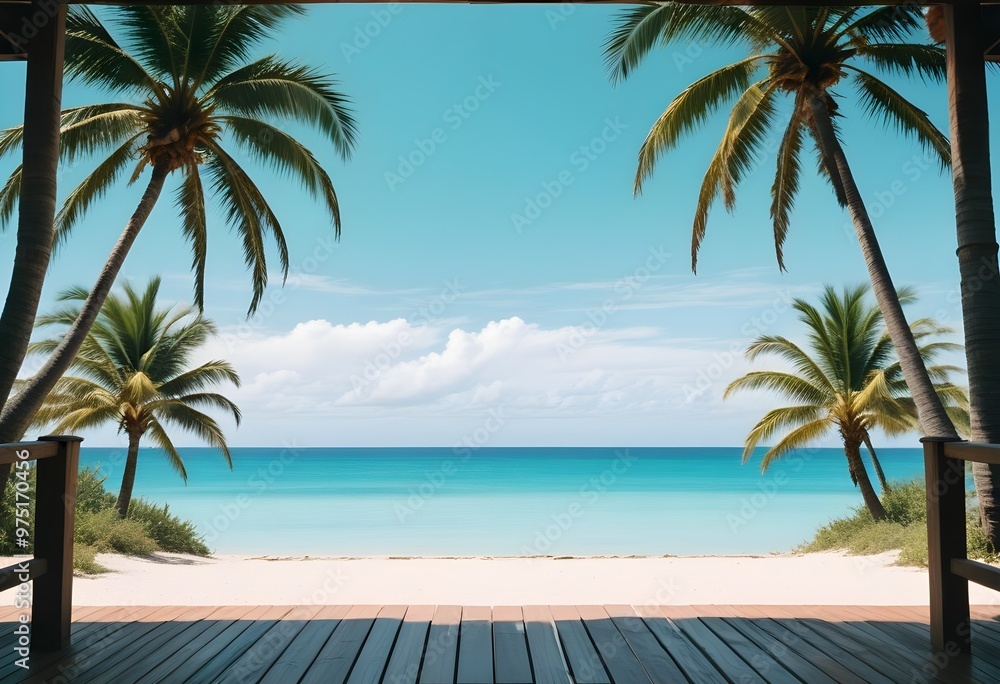 Obraz premium A tropical beach scene with a wooden deck overlooking a calm, turquoise ocean. Two palm trees frame the view on either side