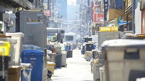 Cluttered alleyway filled with bins and boxes in the city