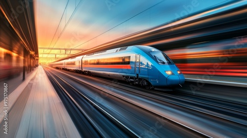 Dynamic blue intercity train in motion at sunset on a european railway station platform