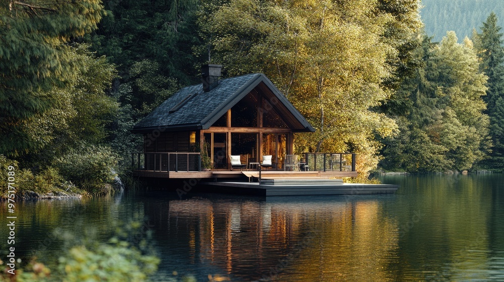 Peaceful lakeside cabin with an elegant wooden deck, surrounded by tall trees and serene waters, perfect for travel and quiet retreat Peaceful lakeside cabin with an elegant wooden deck, surrounded by tall trees and serene waters, perfect for travel and quiet retreat