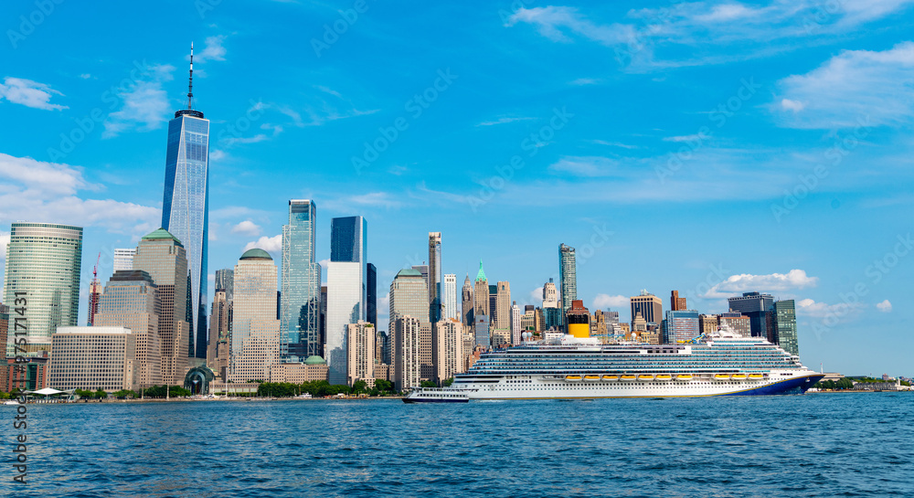 Cruise ship York. Skyline of New York Manhattan cruising on the Hudson River cruise liner. New york cruise lines ships vacation Cruise ship York. Skyline of New York Manhattan cruising on the Hudson River cruise liner. New york cruise lines ships vacation