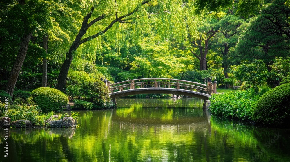 Serene Japanese garden with a tranquil pond, elegant bridges, and lush greenery, an ideal travel destination for peace and reflection Serene Japanese garden with a tranquil pond, elegant bridges, and lush greenery, an ideal travel destination for peace and reflection